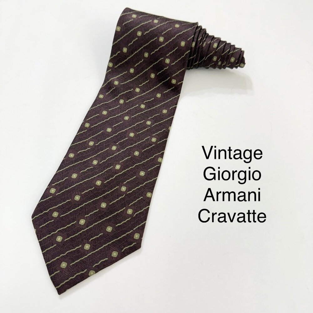 Vintage Giorgio Armani Cravatte All Silk Mens Tie Maroon Taupe Geometric Print